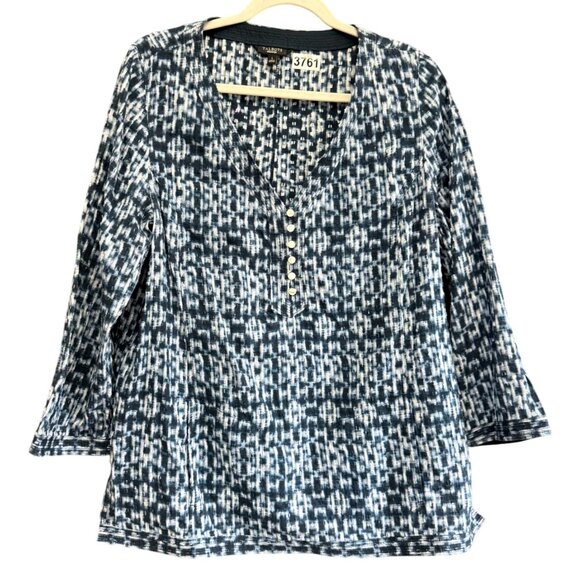 Talbots Abstract Print V-Neckline Button Front Blouse Top Women Large Blue - Picture 1 of 9